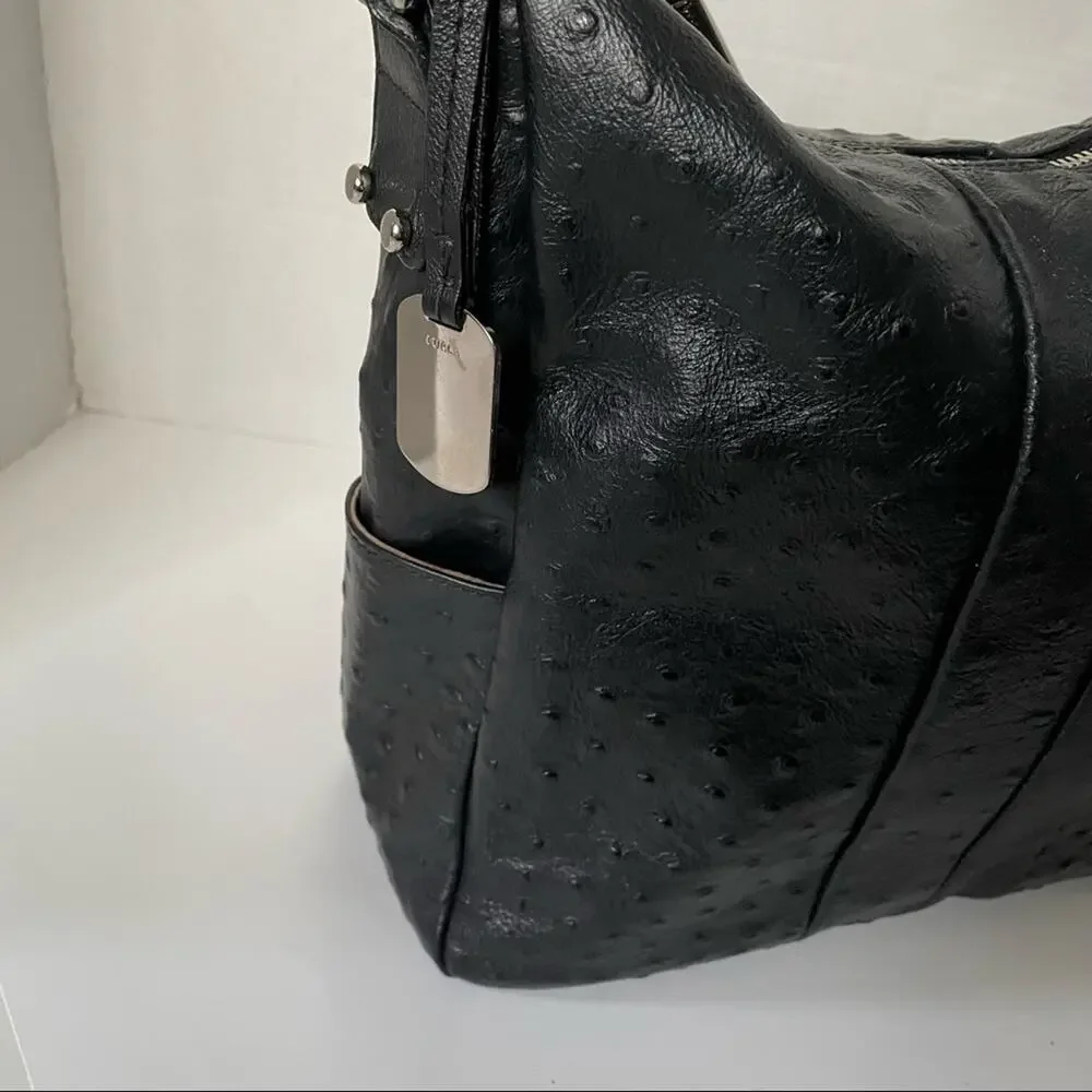 Furla Soho Hobo Bag Leather Shoulder Top Handle Ostrich Embossed $398 Black EUC
